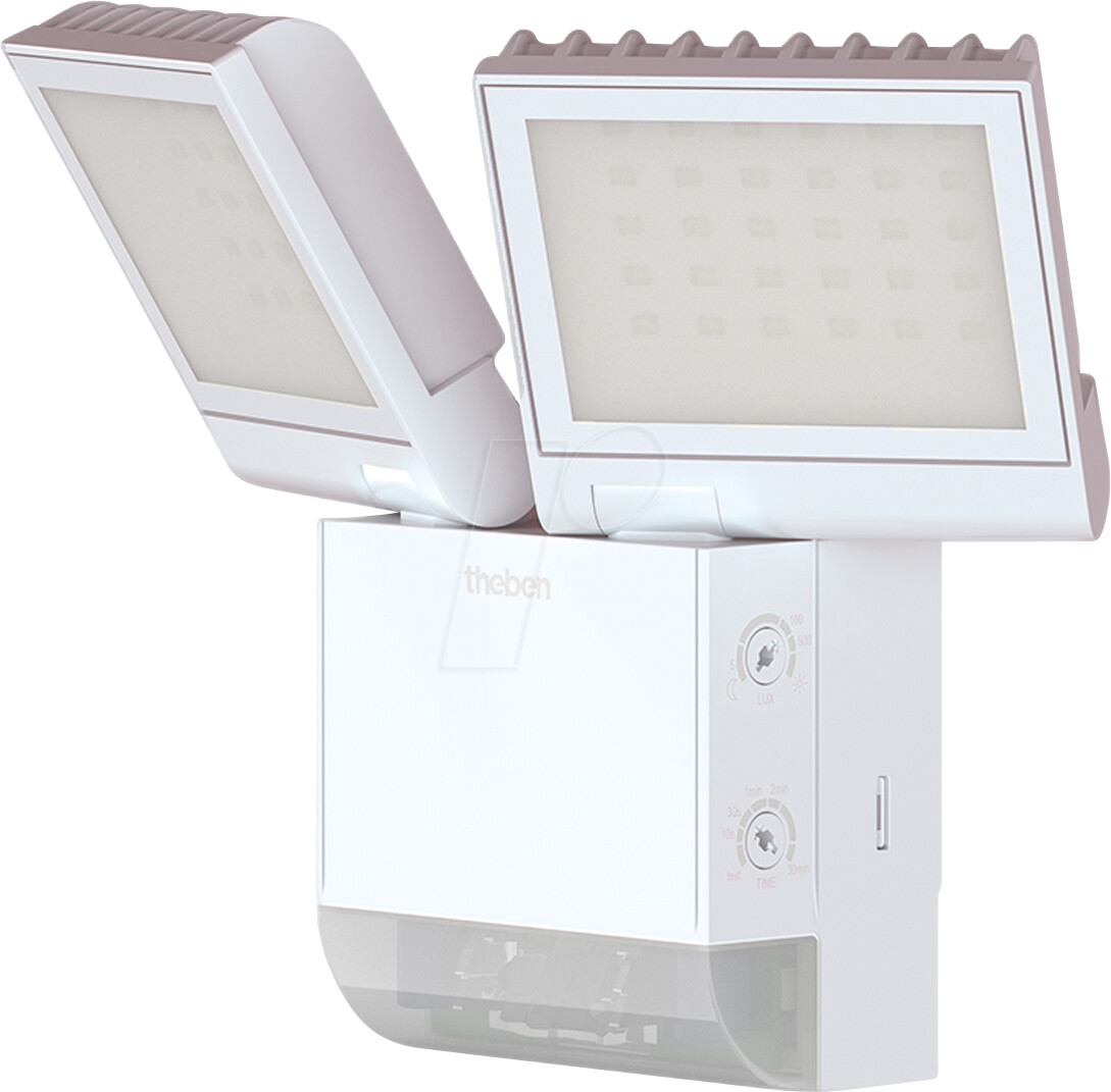 Bild von theben LED Wandstrahler theLeda S17-100 WH, Wandmontage, Strahler horizontal um ± 20/45° drehbar, um 70° nach unten schwenkbar, Erfassungswinkel 180°, 10 m Reichweite, Zusätzlicher Ausgang zum Schalten anderer Leuchten und Verbraucher, 4000 K, 2 LED-Panels, Dämmerungsschalterfunktion, Testfunktion, 4000 K, integrierter Bewegungsmelder, weiß, 17 W, schwenkbar