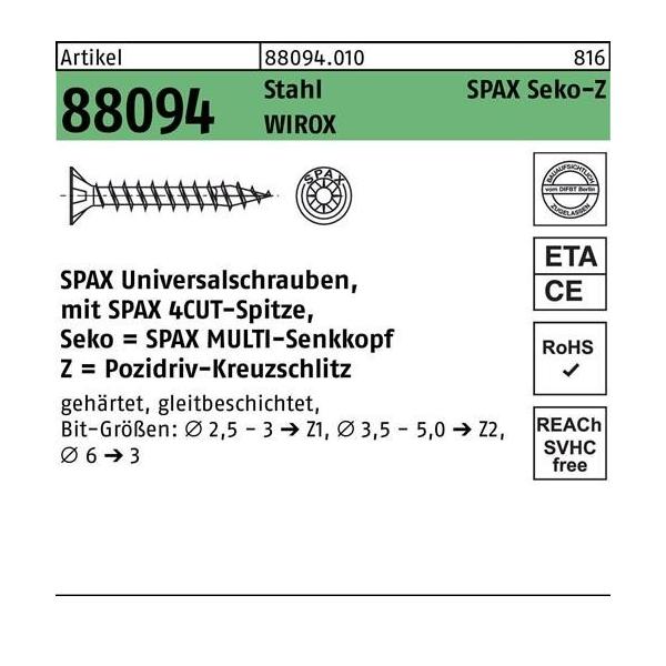 Bild von 200 Stk. Spax Schraube R 88094 SEKO Spitze/PZ 4x40/35-Z Stahl galv.verz. WIROX