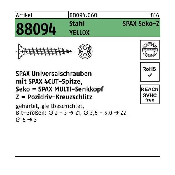 Bild von 100 Stk. Spax Schraube R 88094 SEKO Spitze/PZ 4x60/50-Z Stahl galv.verz. gelb