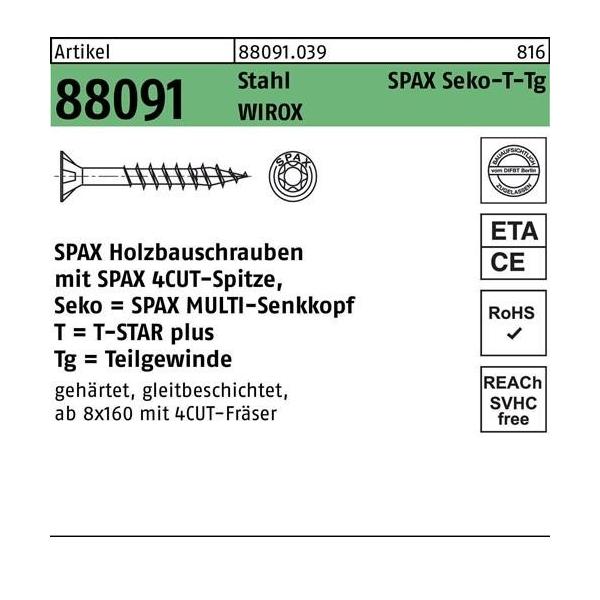 Bild von SPAX Holzbauschraube, 10,0 x 280 mm, 50 Stück, T-STAR plus, Senkkopf, Teilgewinde, 4CUT, WIROX A3J, 191011002805