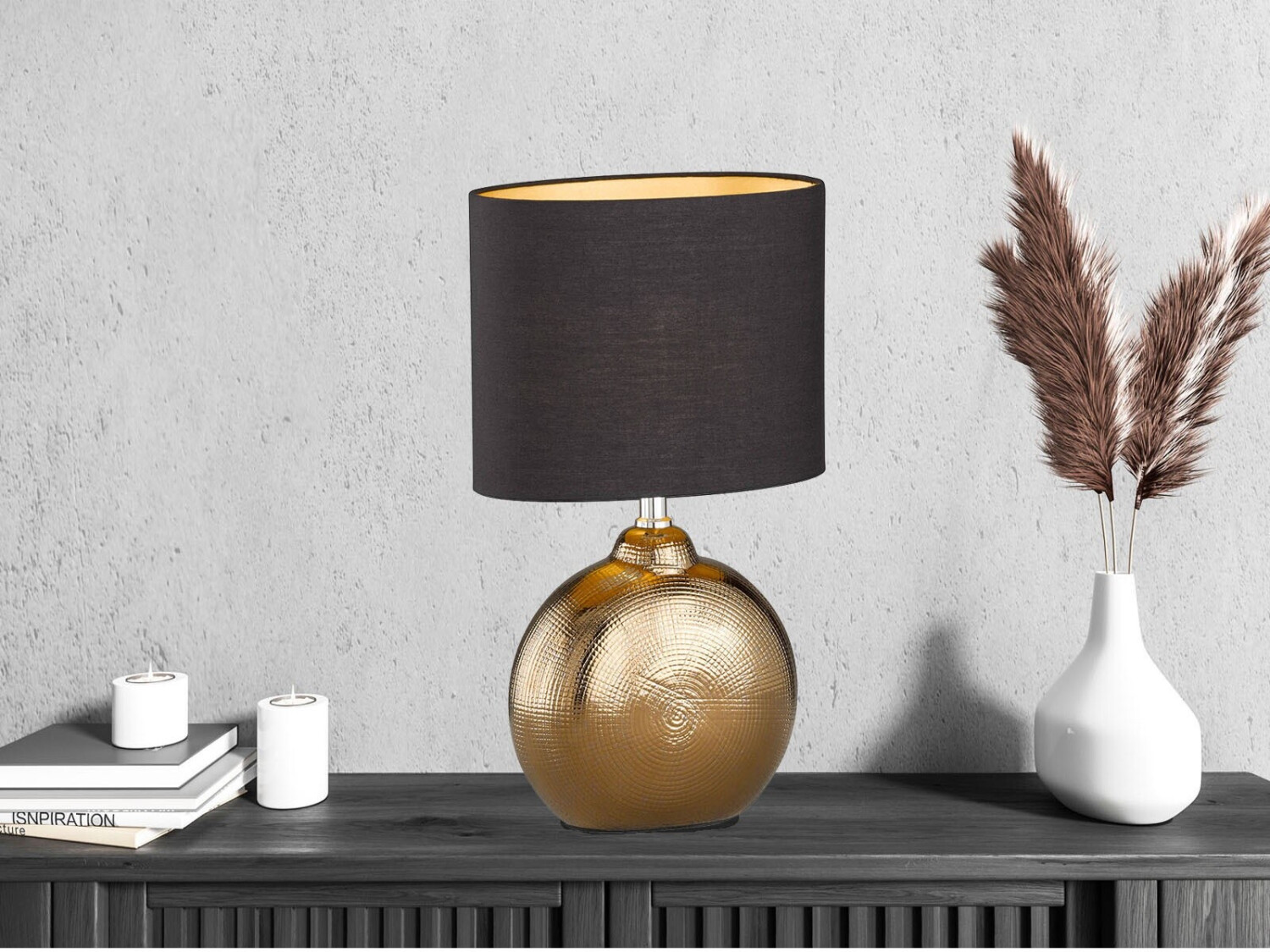 Bild von Fischer & Honsel | Tischleuchte, Foro | bronzefarben antik| Stoffschirm| schwarz chintz innen goldfarben| L: 23,00 cm, B: 13,00 cm, H: 36,00 cm,| mit Schnurschalter| 1x E14 max. 40 Watt | 50558
