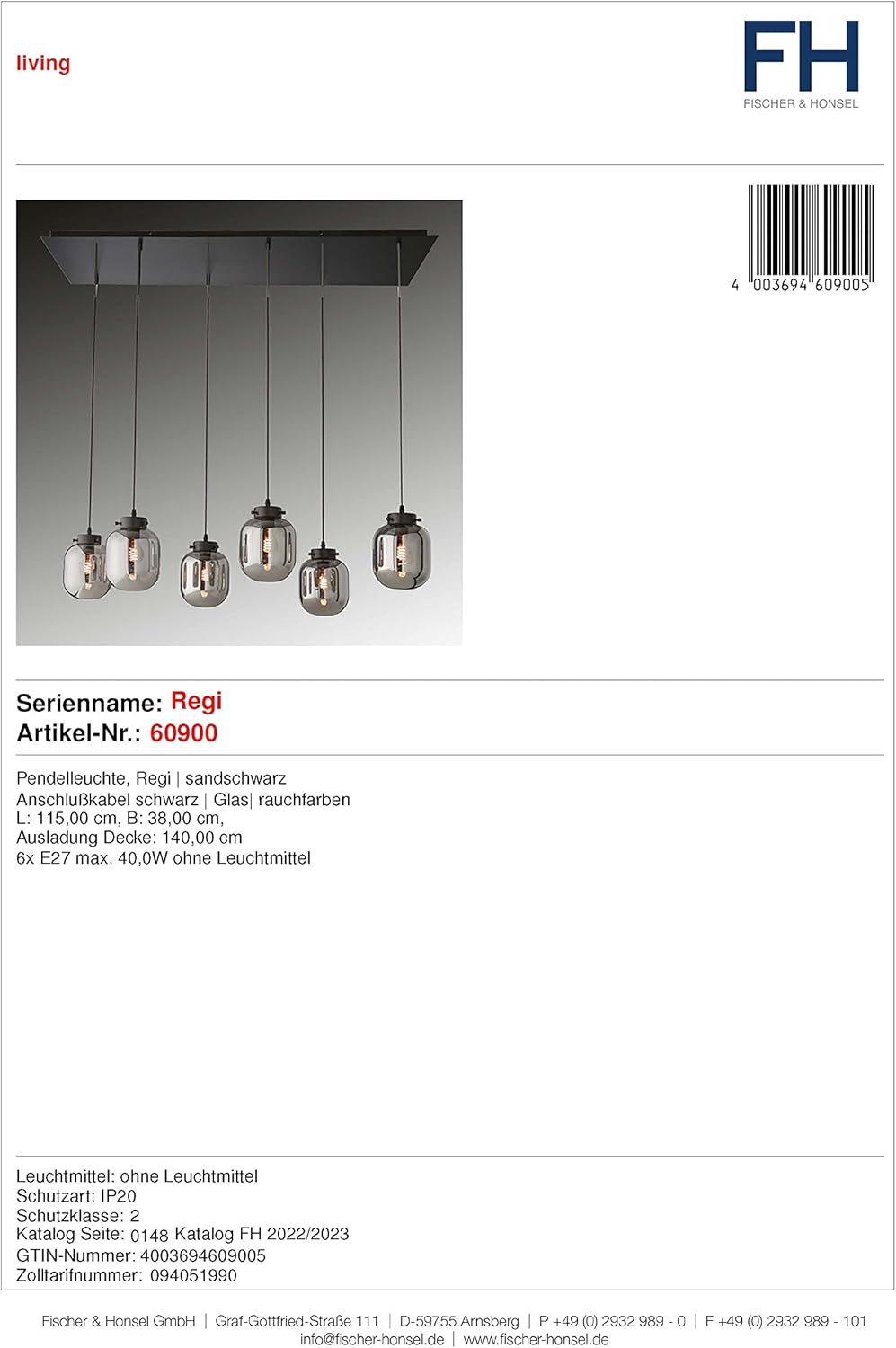 Bild von Fischer & Honsel | Pendelleuchte, Regi | sandschwarz| Glas| rauchfarben| L: 115,00 cm, B: 38,00 cm| Ausl. Decke: 140,00 cm| 6x E27 max. 40,0 Watt| 60900