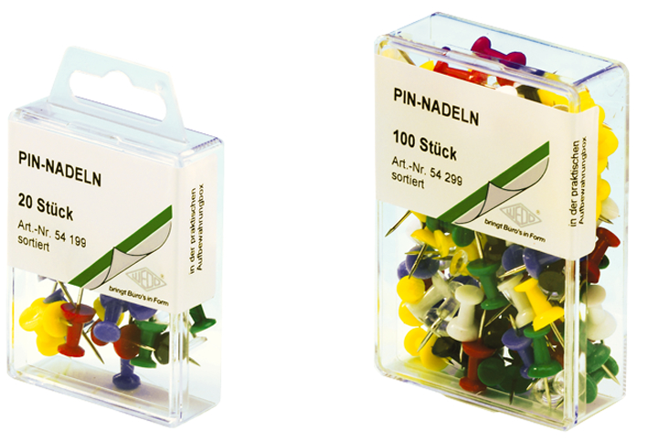 Bild von WEDO Pinnwand-Nadeln, weiß, Inhalt: 100 Stück Nadellänge: 12 mm, Kopfdurchmesser: 10 mm, in Klarsichtdose (54 200)