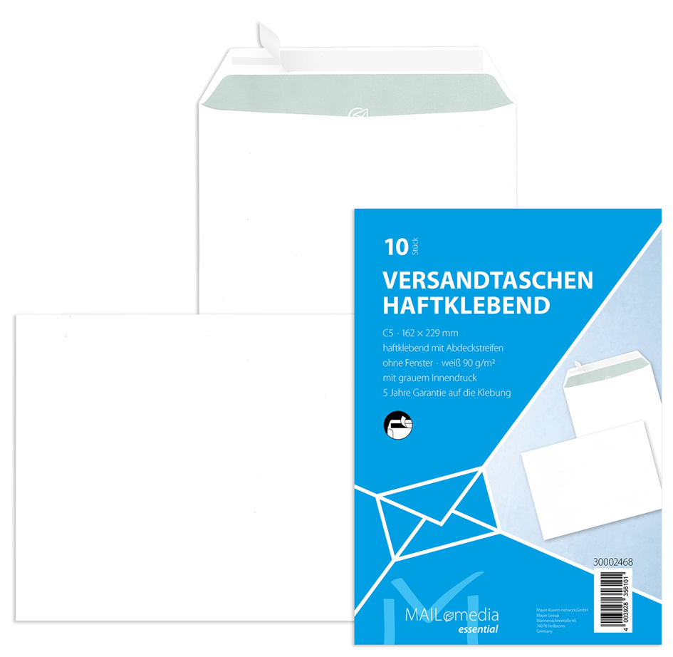 Bild von Versandtaschen C5 (162x229 mm) ohne Fenster, haftklebend, 90 g/qm, weiß, 10 Stück