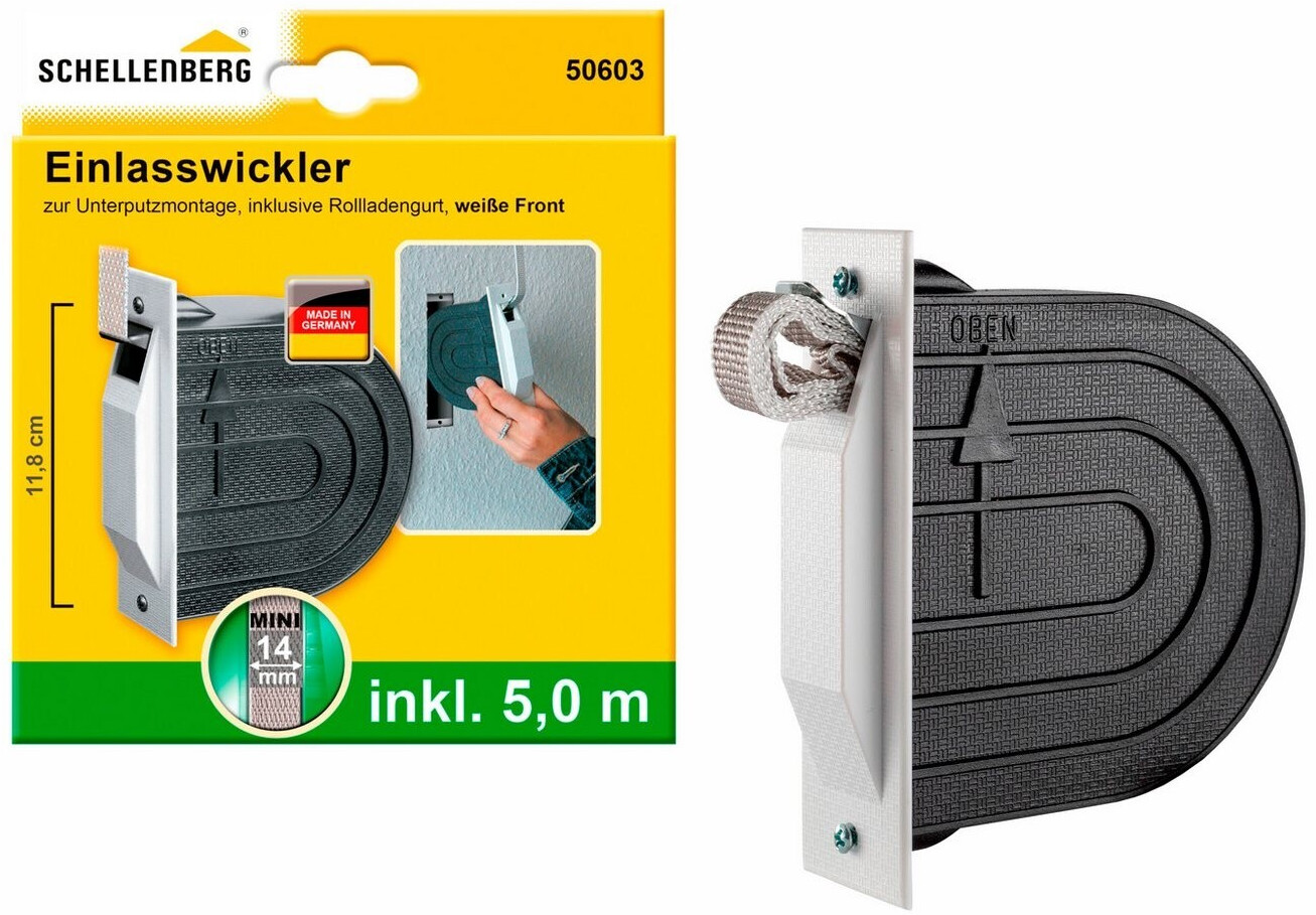 Bild von Schellenberg 50603 Rolladen Gurtwickler Unterputz Set, System Mini, Lochabstand 11,8 cm, inkl. Mauerkasten, Abdeckplatte und Rolladengurt, weiß