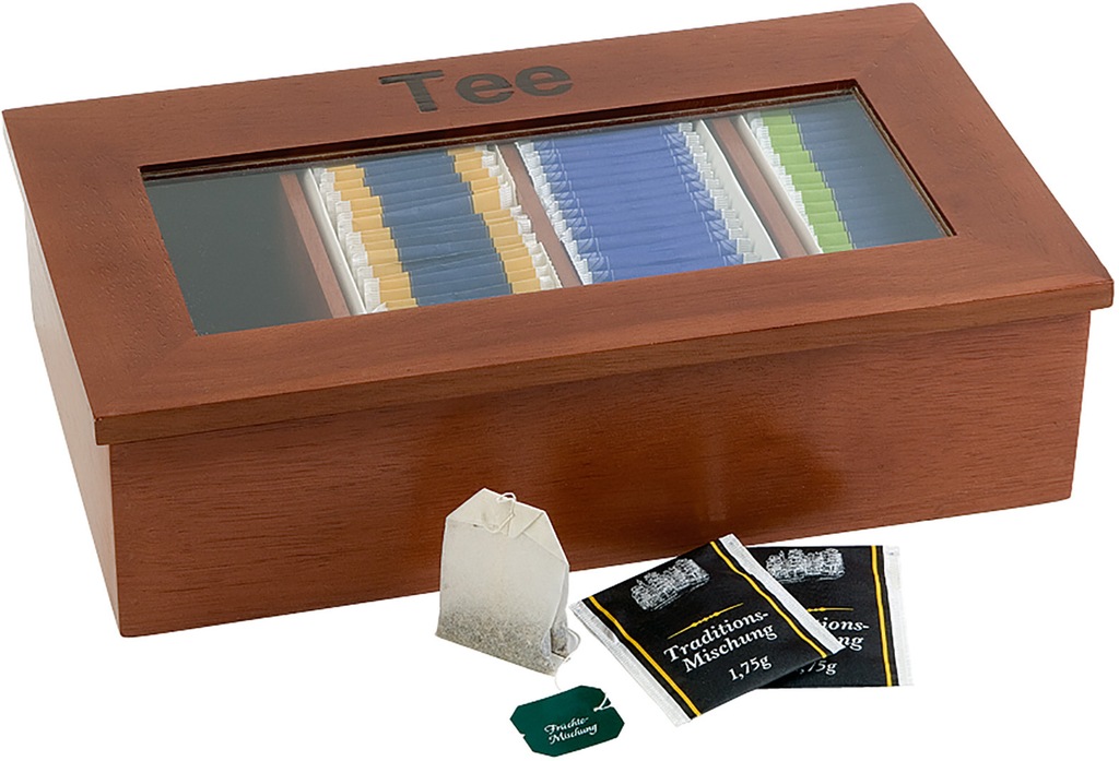 Bild von APS Teebox – Premium Tee-Holzbox mit Sichtfenster, 4 Kammern für jeweils 30 kuvertierte Teebeutel, Deckel bleibt offen stehen