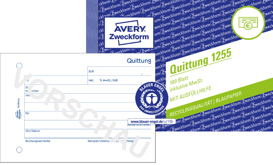 Bild von Avery Zweckform Formularblock Quittung inkl. MwSt. A6 quer RC 100 Blatt