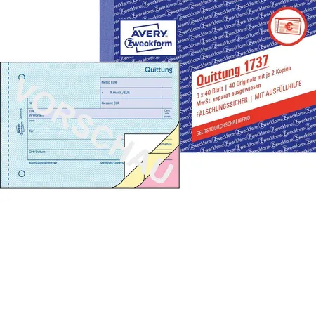 Bild von Avery Zweckform 1737 Quittung MwSt. separat ausgewiesen, A6 quer, selbstdurchschreibend, 3x40 Blatt