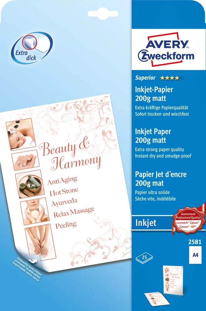 Bild von Avery Zweckform Superior Inkjet Paper 2581 - Normalpapier - Mattes Weiß - A4 (210 x 297 mm) - 200 g/m2 - 25 Blatt (2581)
