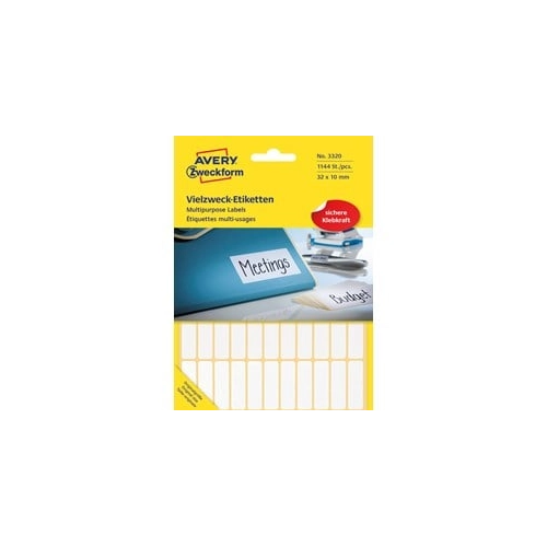 Bild von 3320 Universal-Etiketten - 32 x 10 mm, weiß, 1.144 Etiketten/26 Blatt, permanent