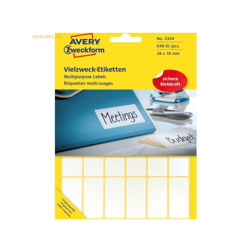 Bild von 3324 Universal-Etiketten - 38 x 18 mm, weiß, 648 Etiketten/27 Blatt, permanent