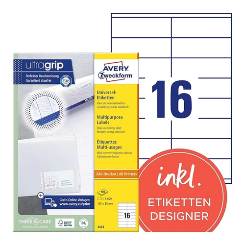 Bild von 3423 Universal-Etiketten ultragrip - 105 x 35 mm, weiß, 1.600 Etiketten, permanent