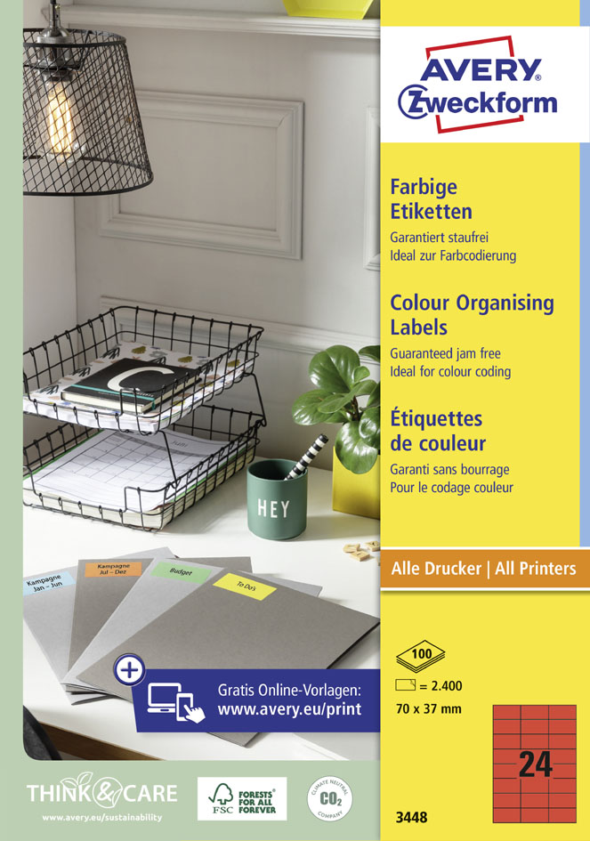 Bild von Zweckform Avery-3459 Universal-Etiketten 105 x 480mm Papier Gelb 400 St. Permanent haftend Tintenstr