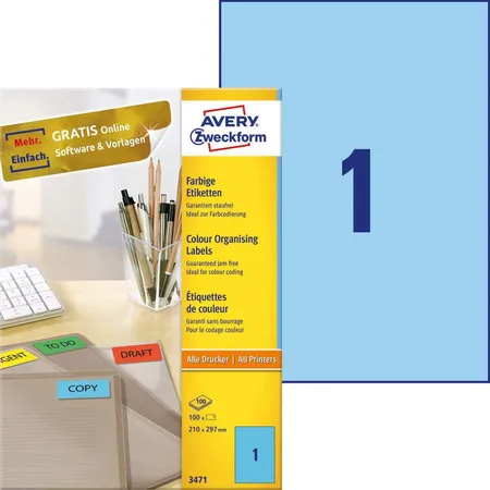 Bild von Avery Zweckform 3471 Farbige Etiketten,  A4 210 x 297 mm, 100 Bogen/100 Etiketten, blau