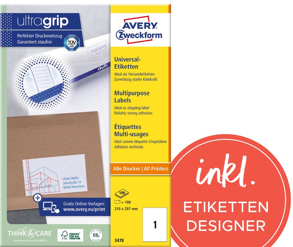 Bild von AVERY Zweckform 3650 Universal Etiketten (5.200 Klebeetiketten, 48x21mm auf A4, Papier matt, individuell bedruckbar, selbstklebende Aufkleber mit ultragrip) 100 Blatt, weiß