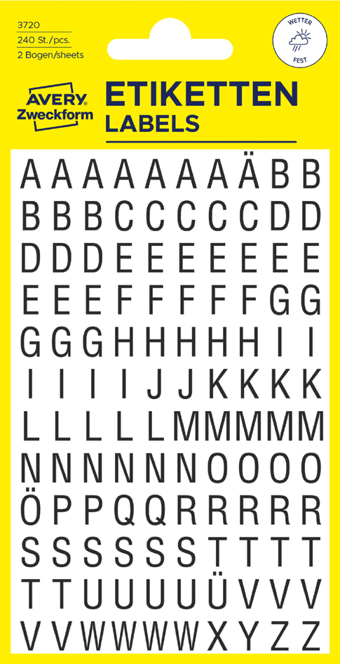 Bild von AVERY Zweckform 3720 Buchstaben Sticker 240 Aufkleber (glänzende Etiketten von A-Z, Schriftgröße 6,5 mm, wetterfeste Folie, selbstklebend, permanent, Alphabet zum Dekorieren, Gästebuch, Fotoalbum)