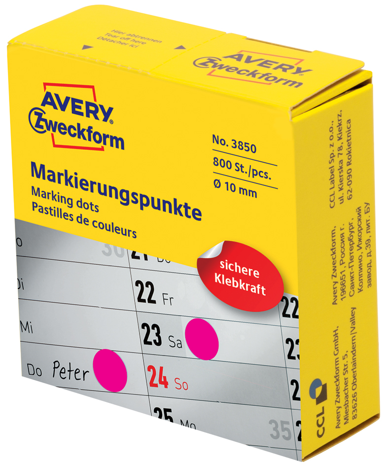 Bild von Avery Zweckform Etikett Avery-Zweckform 3850 Markierungspunkte Etiketten Ø 10 mm Magenta 800 S