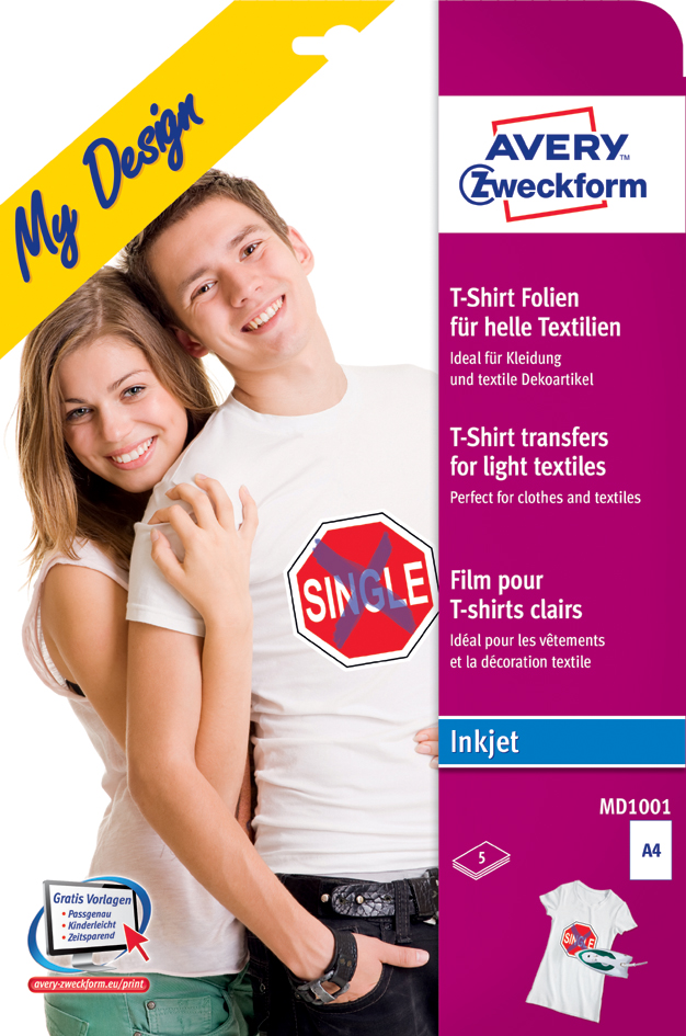 Bild von Avery-Zweckform My Design T-Shirt MD1001 Tintenstrahl Textilfolie DIN A4 für helle Textilien, Optim