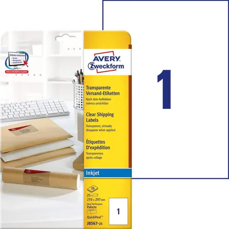 Bild von Avery Zweckform J8567-25 Versandetiketten,  A4 210 x 297 mm, 25 Bogen/25 Etiketten, transparent