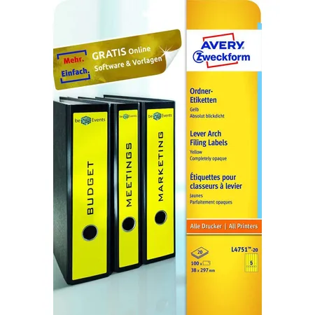 Bild von Avery File Folder Labels - Aktenetiketten (File Folder Labels) - Gelb - 38 x 297 mm - 100 Etikett(en) (20 Bogen x 5) (L4751-20)