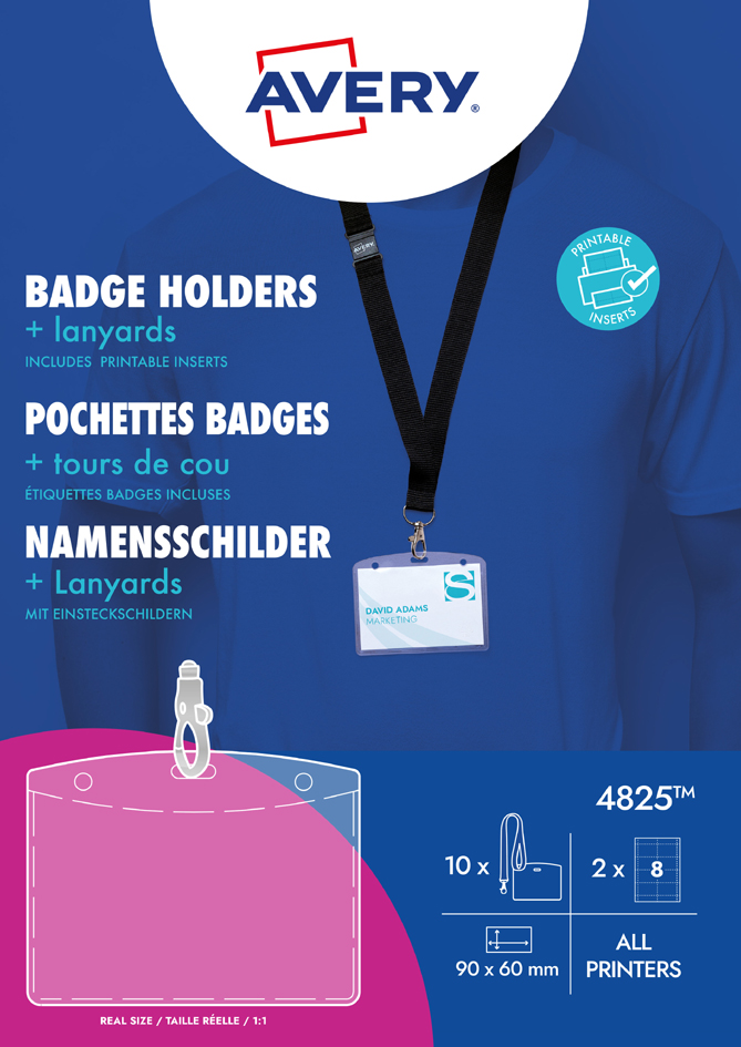 Bild von AVERY Zweckform Namensschild-Tasche, 90 x 60 mm, mit Lanyard transparent, aus PVC-freiem Material, mit 3-fach Lochung zur (4825)