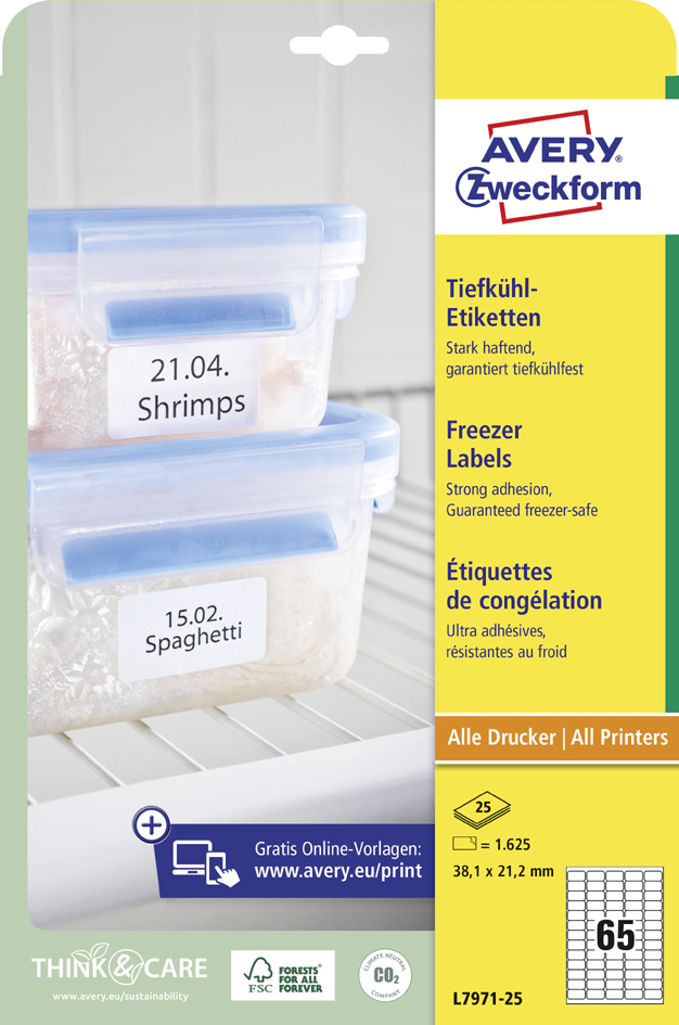 Bild von AVERY Zweckform Tiefkühl-Etiketten, 99,1 x 67,7 mm, weiß kälteresistentes Papier, Aufbringtemperatur bis -20 Grad, - 1 Stück (L7976-25)