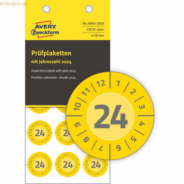 Bild von Avery Zweckform Prüfplaketten 2024 20mm VE=120 Etiketten gelb