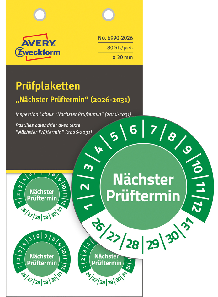 Bild von AVERY Zweckform Prüfplaketten Nächster Prüftermin, 2026-31 grün, Durchmesser: 30 mm, aus manipulationssicherer, - 1 Stück (6990-2026)