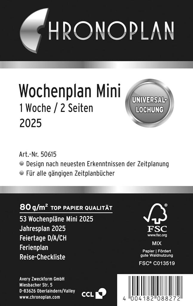 Bild von Chronoplan 50615 Kalendereinlage 2025 (Wochenplan Mini (79x125mm) Ersatzkalendarium für Terminplaner, ideal für detaillierte Wochenplanung, 1 Woche auf 2 Seiten in Zeilen, mit Universallochung) weiß