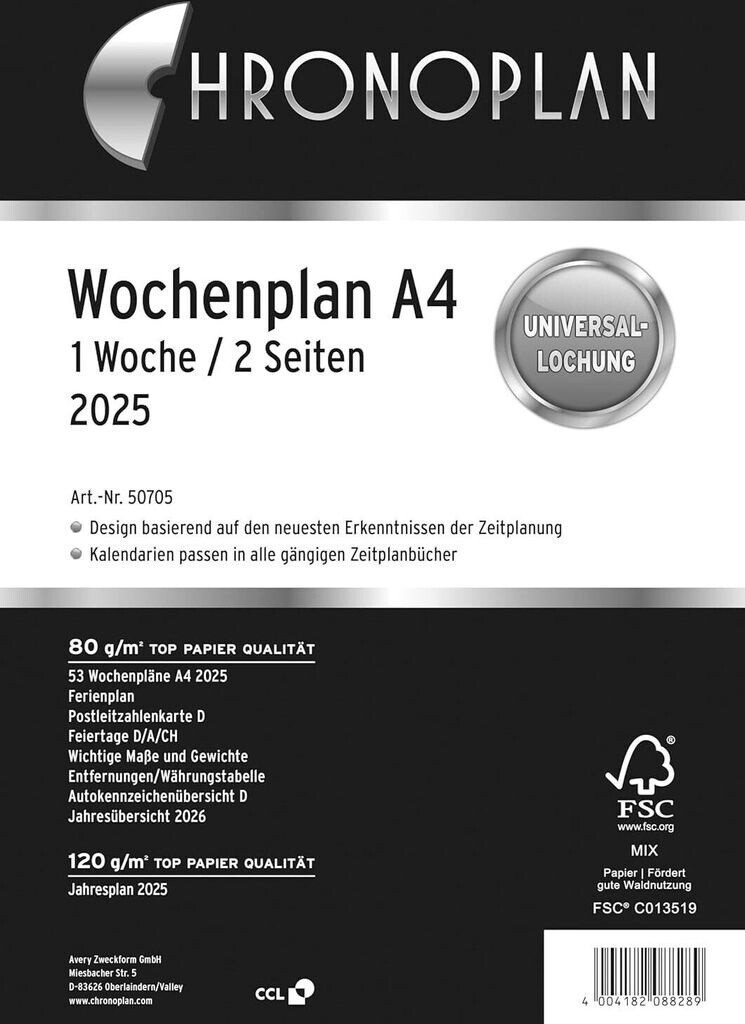 Bild von Chronoplan 50705 Kalendereinlage 2025 (Wochenplan A4 (210x297mm) Ersatzkalendarium für Terminplaner, ideal für detaillierte Wochenplanung, 1 Woche auf 2 Seiten in Spalten, mit Universallochung) weiß