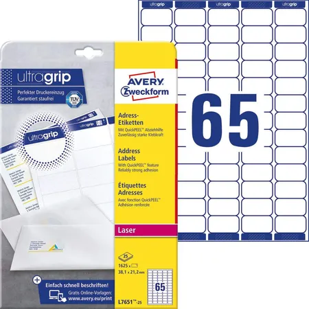 Bild von AVERY Zweckform Abziehhilfe QuickPEEL, ultragrip Adressetiketten L7651-25 DIN A4 Weiß 38,1 x 21,2 mm 25 Blatt à 65 Etiketten