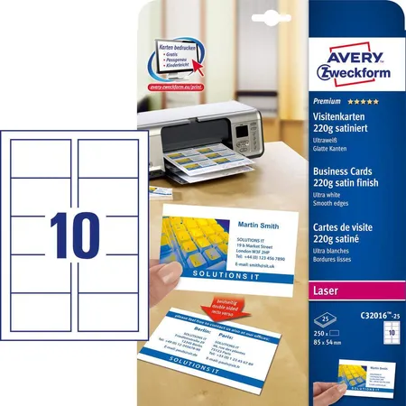 Bild von Avery Zweckform C32016-25 Premium Visitenkarten, 85 x 54 mm, beidseitig beschichtet, 250 Karten / 25 Bogen