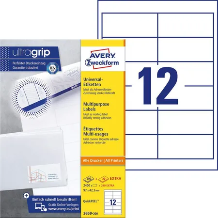 Bild von AVERY Zweckform Abziehhilfe QuickPEEL,ultragrip Universaletiketten 3659-200 Selbsthaftend DIN A4 Weiß 97 x 42,3 mm 220 Blatt à 12 Etiketten