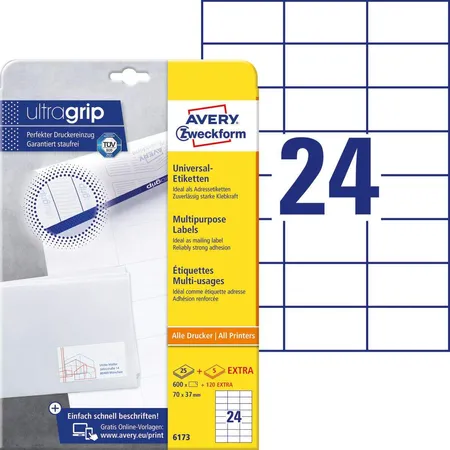 Bild von Avery Zweckform 6173 Universal-Etiketten,  A4 mit ultragrip,  Adressaufkleber 70 x 37 mm, 30 Bogen/720 Etiketten, weiß