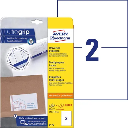 Bild von AVERY Zweckform ultragrip Universaletiketten 6176 Selbsthaftend DIN A4 Weiß 21 x 14,8 cm 30 Blatt à 2 Etiketten