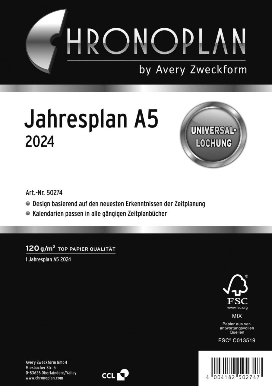 Bild von Chronoplan 50274 Kalendereinlage 2024, Jahresplan im A5 Format (148x210 mm), Ersatzkalendarium, ideal für übersichtliche Jahresplanung, Multilochung, zum Aufklappen (mit Leporello-Falzung), weiß