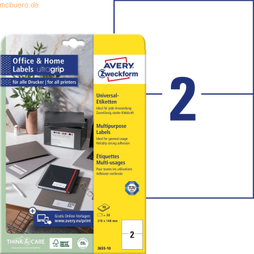 Bild von AVERY Zweckform 3655-10 Universal Etiketten (20 Adressaufkleber, 210x148mm auf A4, bedruckbare Versandetiketten, selbstklebende Klebeetiketten mit ultragrip, DHL, fürs HomeOffice) 10 Blatt, weiß