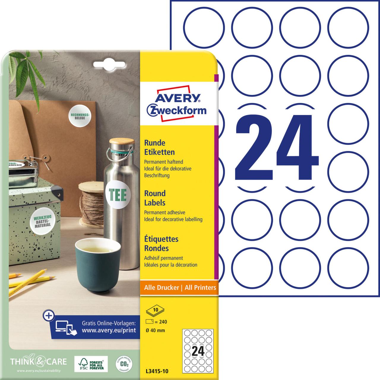 Bild von AVERY Zweckform Runde Etiketten L3415-10 (240 Aufkleber auf 10 Blatt, zum Bedrucken, selbstklebend, Ø 40 mm, A4, Klebepunkte zum Kennzeichnen von Unterlagen, Produkten) weiß