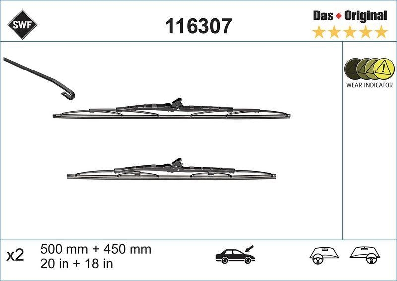 Bild von SWF Wischblatt DAS ORIGINAL SET vorne 2x für PEUGEOT MITSUBISHI TOYOTA HONDA SUBARU SUZUKI HYUNDAI ROVER CITROEN SSANGYONG MG SMART 116307