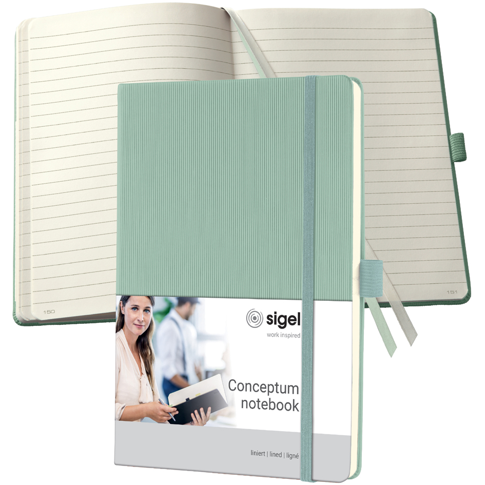 Bild von SIGEL CO683 Premium Notizbuch liniert, A5, Hardcover, grün, aus nachhaltigem Papier, Conceptum - mit Seitenzahlen, Inhaltsverzeichnis, Stiftschlaufe, Falttasche