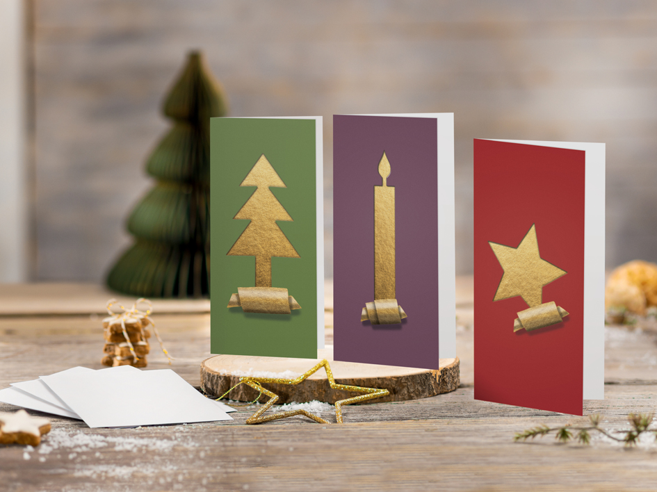 Bild von SIGEL DS080 Weihnachts-Karten Set mit Umschlag, DIN lang, 3 verschiedene Motive, 10 Stück, "Cut-out style", ideal zum Bedrucken, aus nachhaltigem Papier