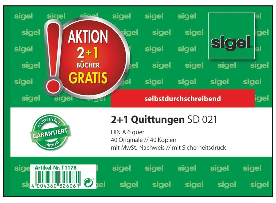 Bild von SIGEL T1178 Quittungsblock wie SD021: A6 quer, 3 Stück, 2x40 Blatt, selbstdurchschreibend, mikroperforiert, Standardquittung, aus nachhaltigem Papier