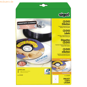 Bild von Sigel CD-/DVD-Etiketten Inkjet/Laser Kopier 117mm VE=50 Stück (25 Blat