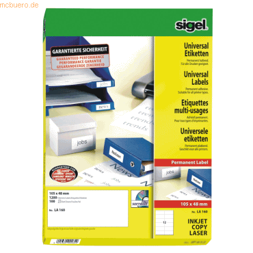 Bild von Sigel Etiketten Inkjet/Laser Kopier 105x48mm VE=1200 Stück (100 Blatt)