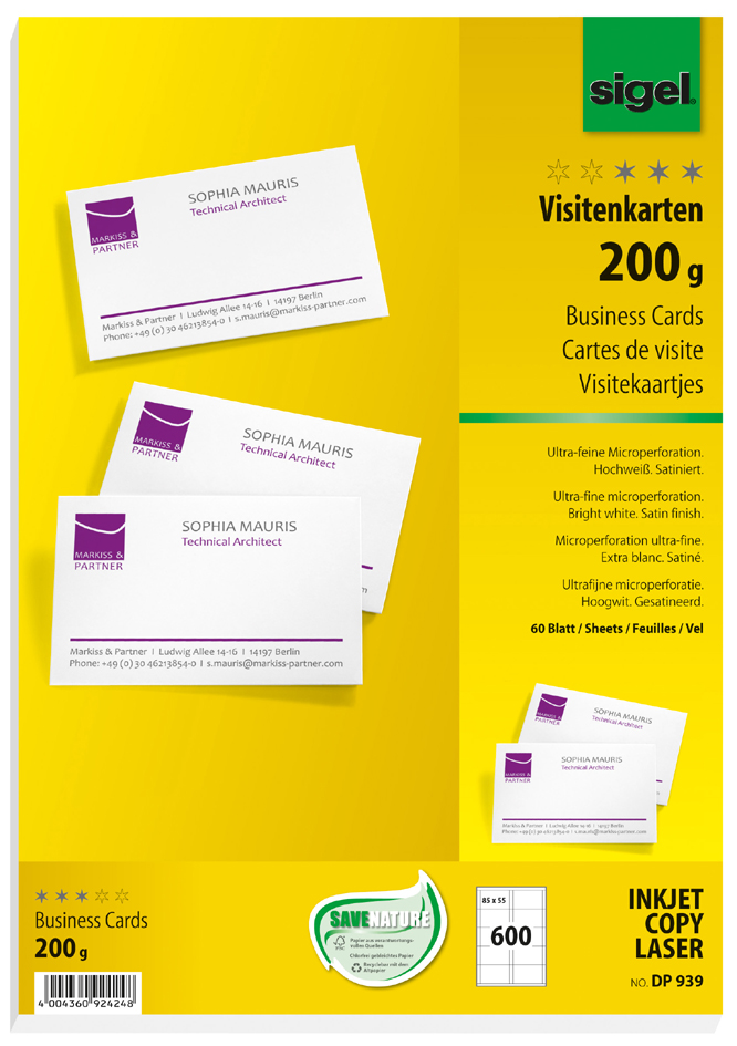 Bild von Sigel - Mikroperforierte Visitenkarten - hochweiß - 85 x 55 mm - 185 g/m2 - 600 Karte(n) (60 Bogen x 10) (DP930)