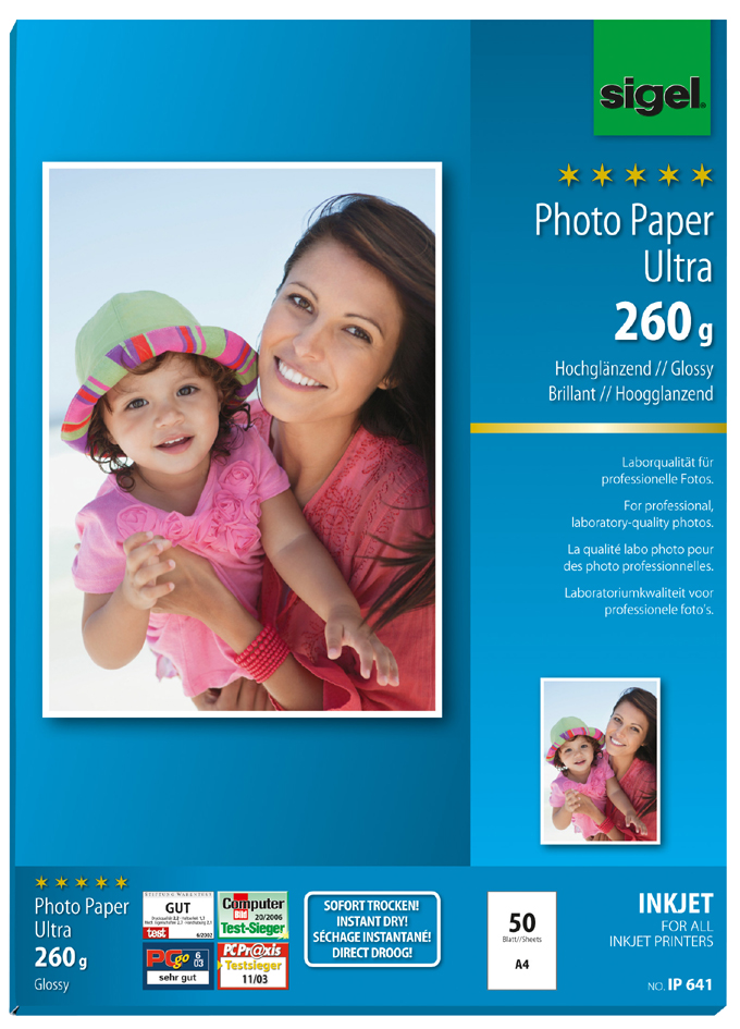 Bild von Sigel InkJet Ultra Photo Paper IP641 - Fotopapier, glänzend - Glänzend Weiß - A4 (210 x 297 mm) - 260 g/m2 - 50 Blatt (IP641)