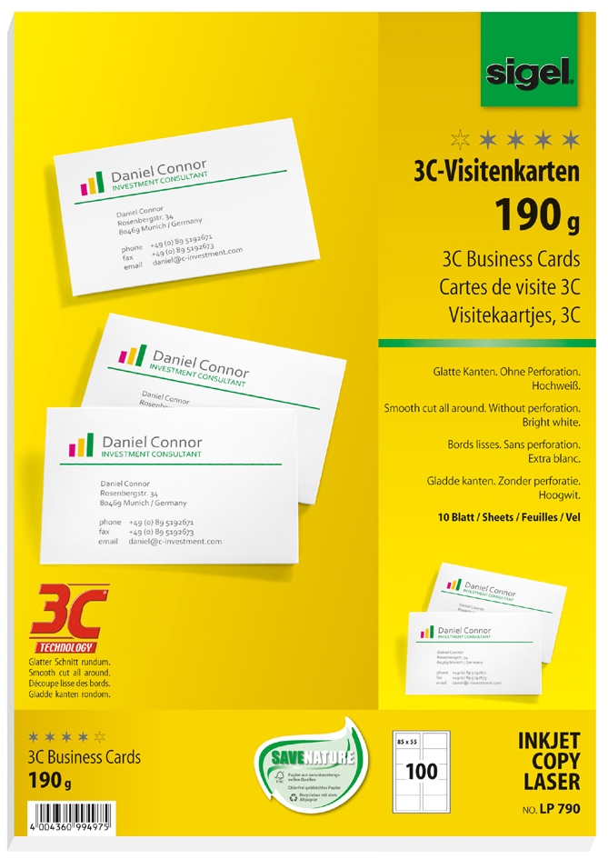 Bild von Sigel LP795 Bedruckbare Visitenkarten, glatte Kanten 85 x 55mm Hochweiß 100 St. Papierformat: DIN A4