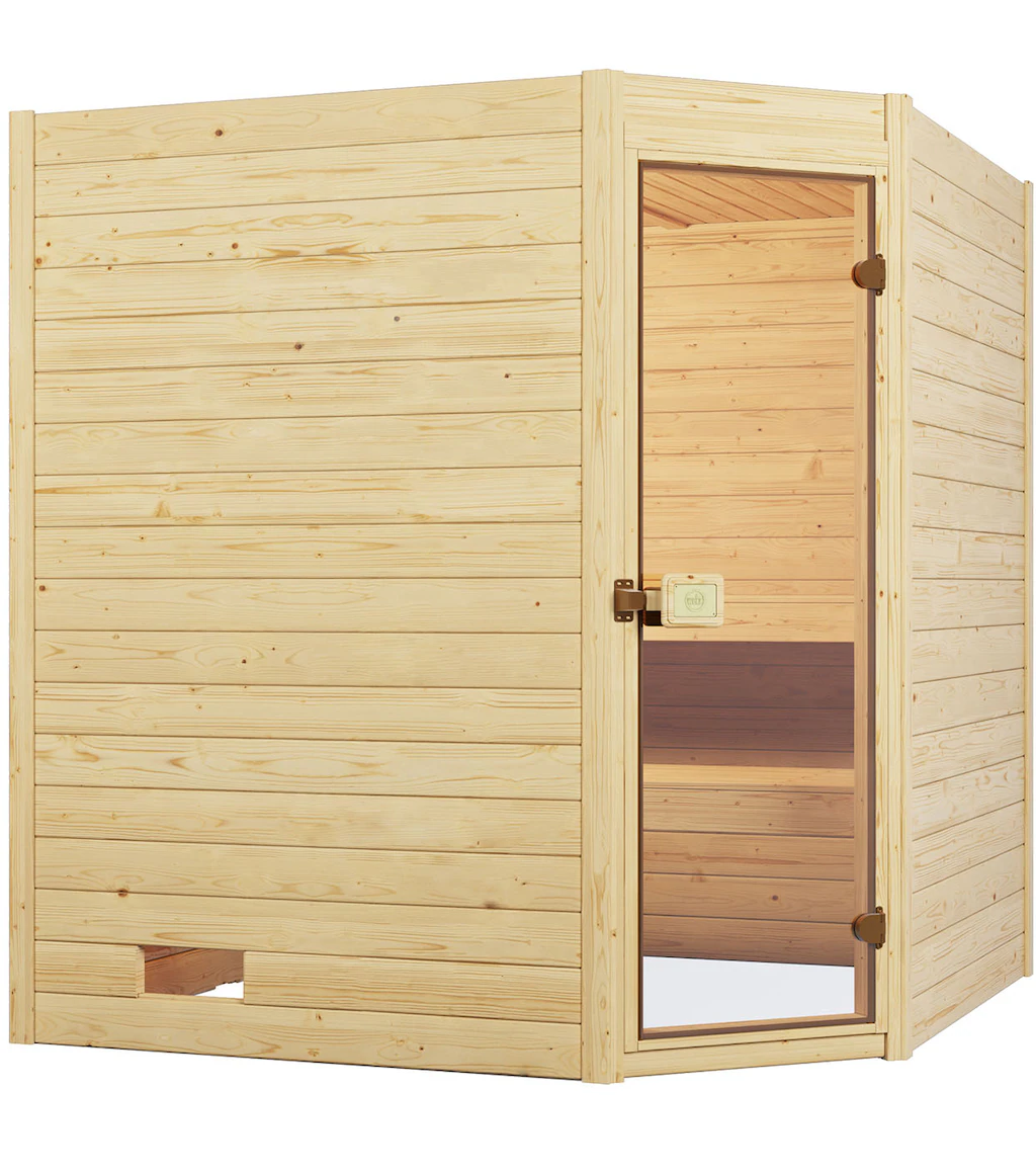 Bild von weka Sauna Massivholzsauna VALIDA Eck 1.8, BxTxH: 189 x 172 x 203,5 cm, 38 mm, Blockbohlen, Eckeinstieg, moderne Ganzglastür