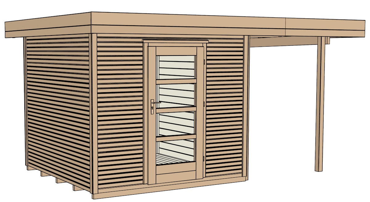 Bild von Weka Gartenhaus Designhaus wekaLine 172 A mit Anbau (150 cm)-A Gr. 2 (385 x 240 cm)-naturbelassen - 50 % Rabatt auf Dacheindeckung