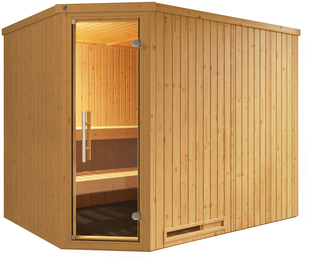 Bild von weka Sauna Element-Ecksauna VARBERG 4, BxTxH: 244 x 194 x 199 cm, 68 mm, vorgefertigte Elemente, moderne Ganzglastür